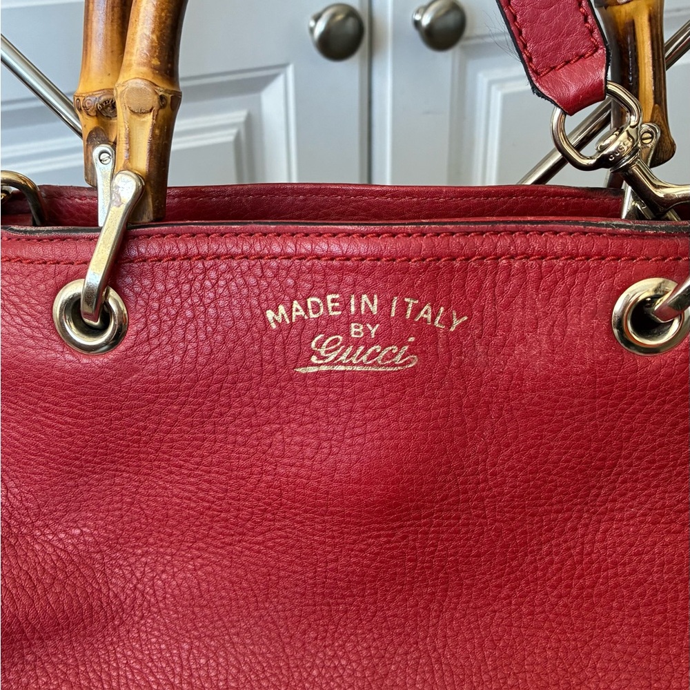 Gucci Bamboo Red Leather Tote Bag with Grained Texture